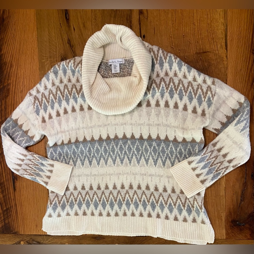 London Kaye Super Soft & Cozy Cowl Neck Sweater in Cream, Gray, & Brown, Sz Med